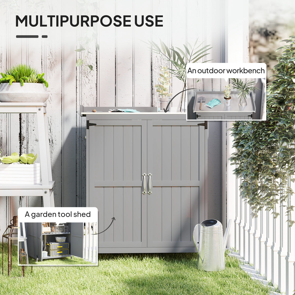 Wooden Potting Bench with 2 Doors and Outdoor Storage Cabinet