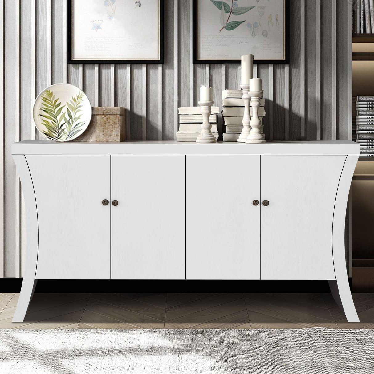 Refined Industrial 4 Door Credenza With Arc Legs & Clasps