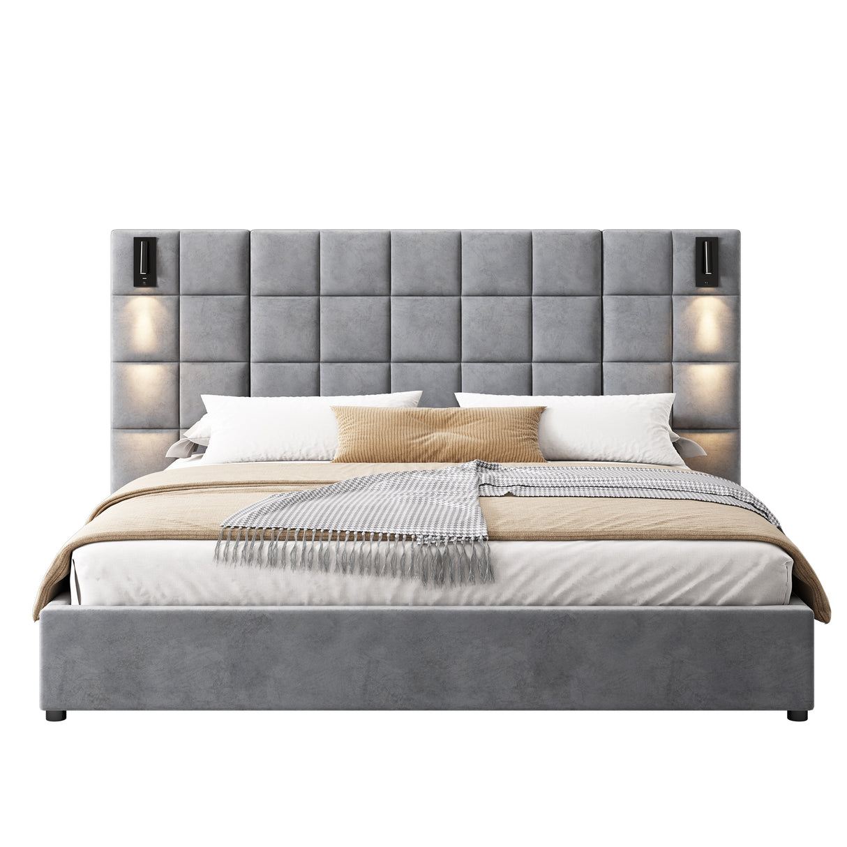 King Size Upholstered Bed Frame with Wall Sconce and USB Port
