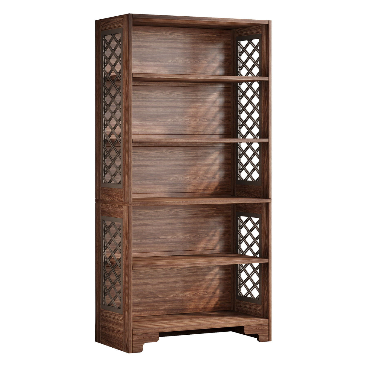 6 Tier Brown Mid Century Bookcase With X Design for Living Room