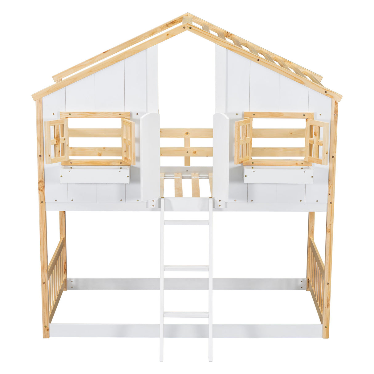 House Bunk Bed With Roof, Window, Window Box, Door, With Safety Guardrails And Ladder