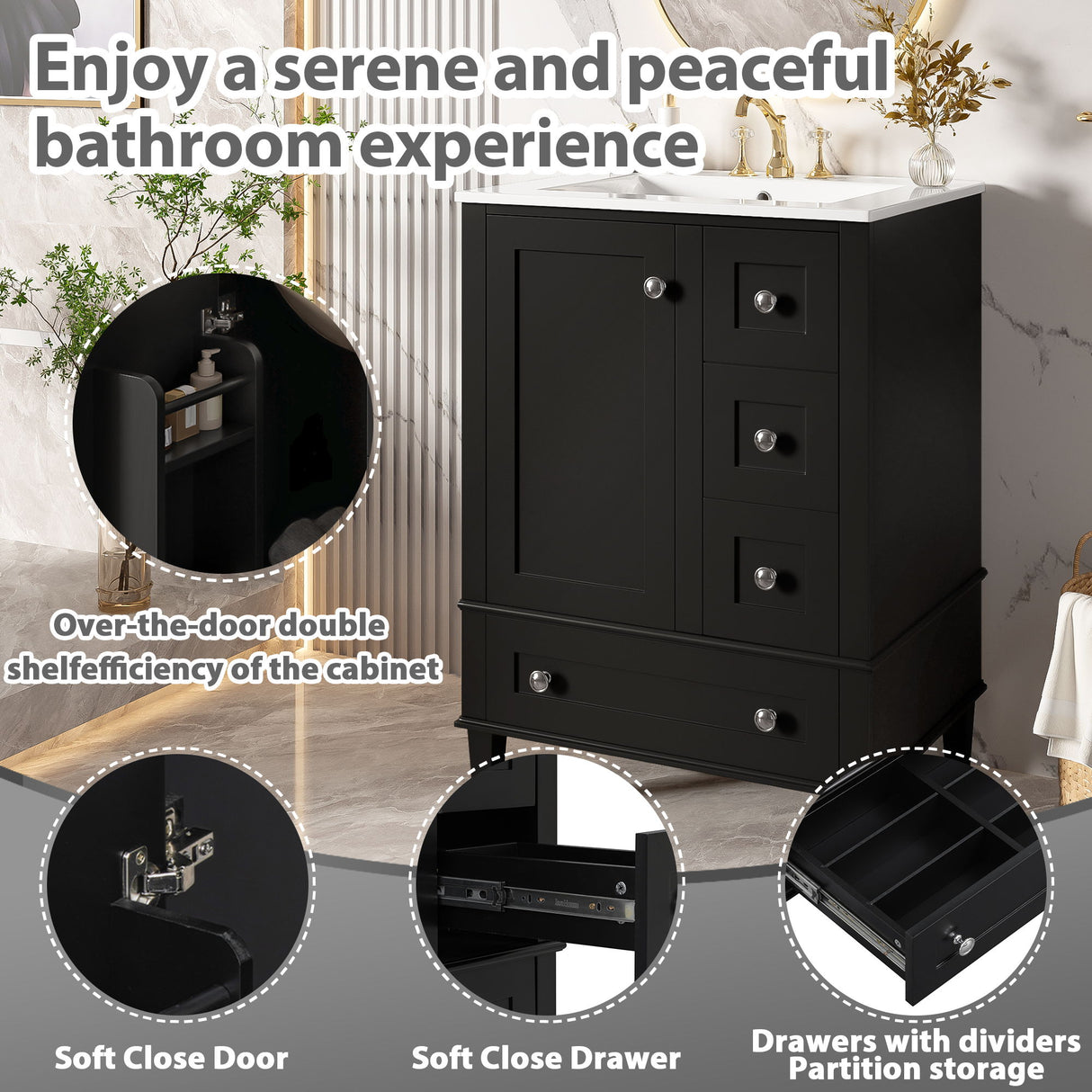 Bathroom Vanity With Integrated Basin, Soft Close Drawers, Door Mounted Double Layer Shelf