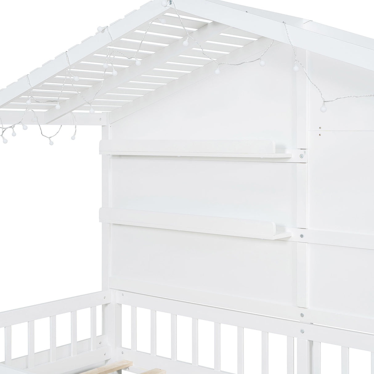 House Bed With Shelves, Window And Sparkling Light Strip On The Roof
