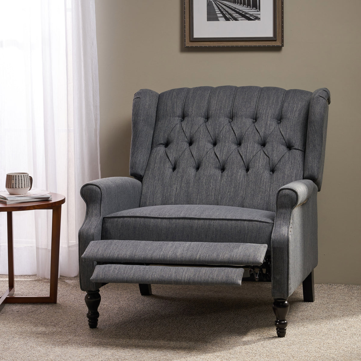 Oversized Tufted Wingback Fabric Push Back Recliner
