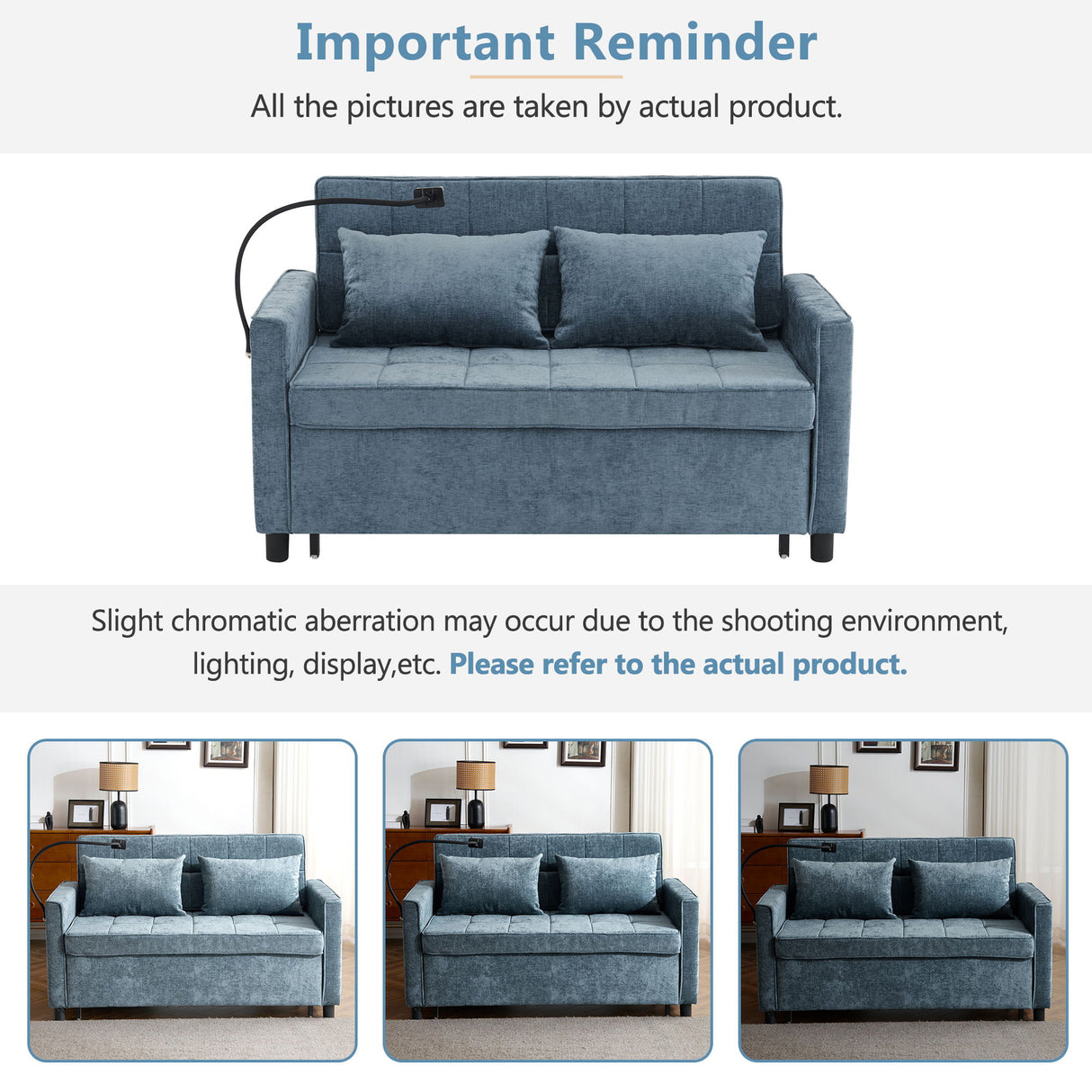 Pull-Out Sleeper Sofa With Reversible Backrest Cushion, Side Pockets, 2 USB Ports And A Phone Holder For Living Room