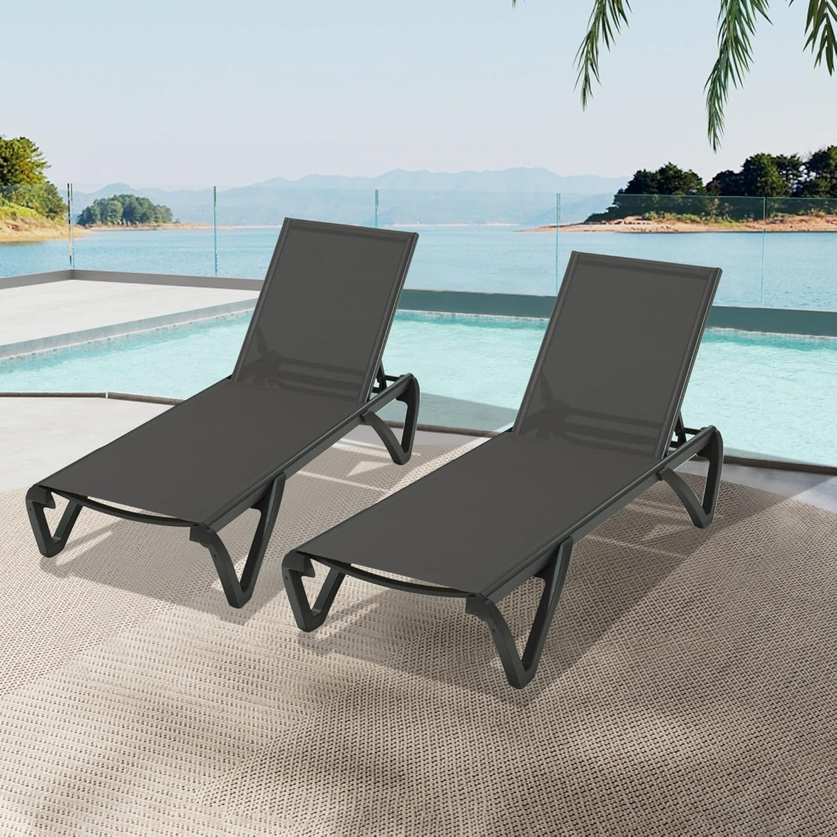 Pool Lounge Chairs Set of 2 with Aluminum Frame and Adjustable Recline