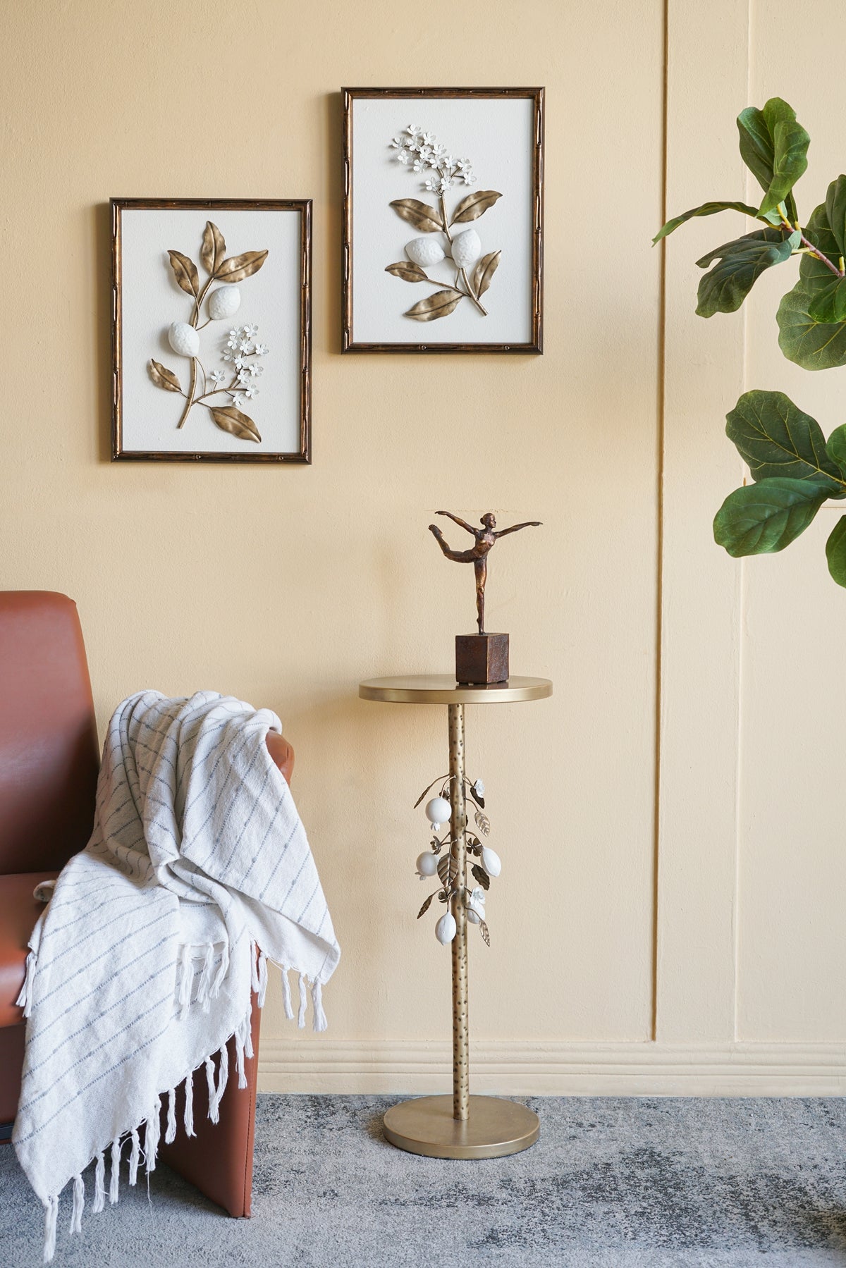 Round Iron Side Table with Botanical Details
