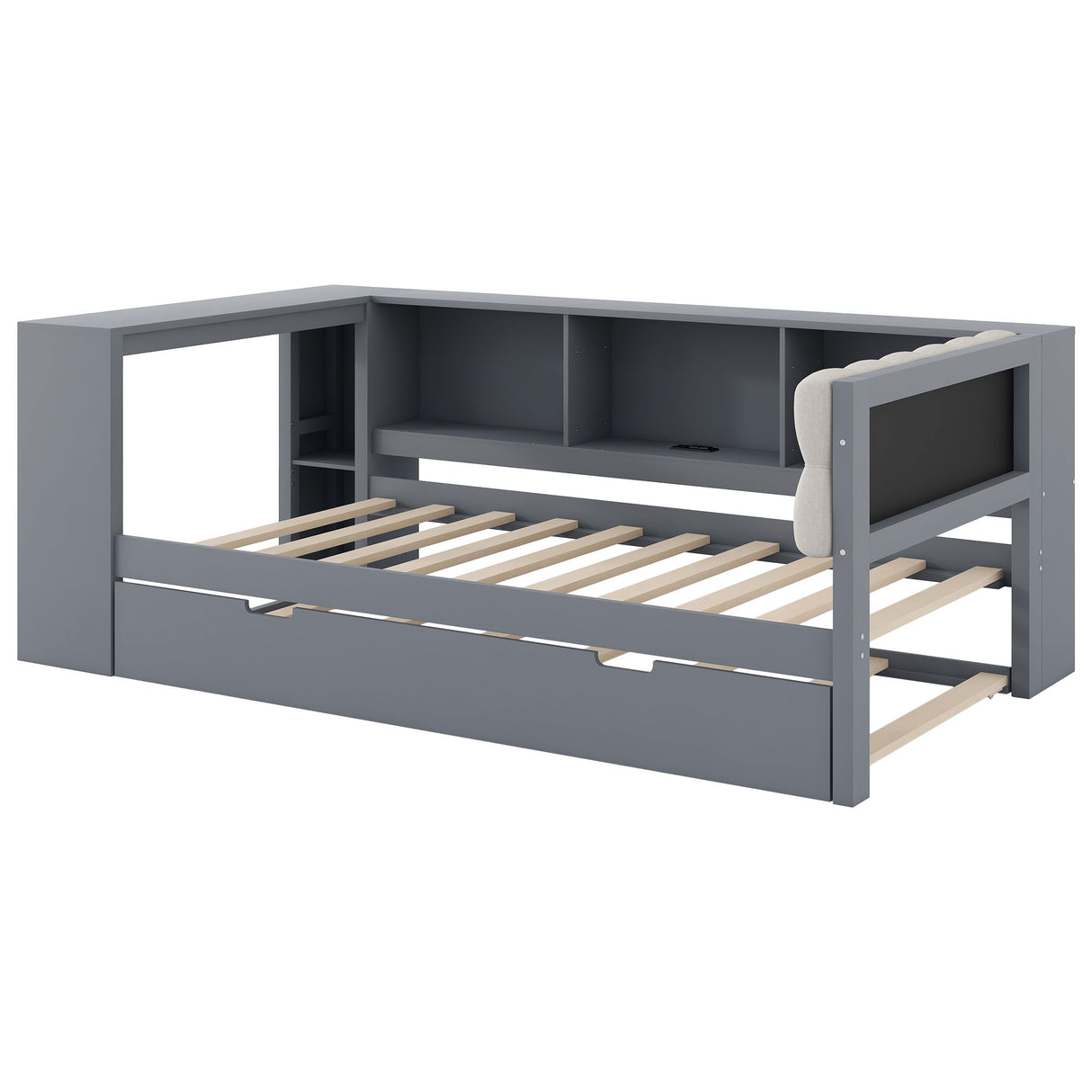 Upholstered Headboard Platform Bed With Storage Shelves, Trundle, Charging Station