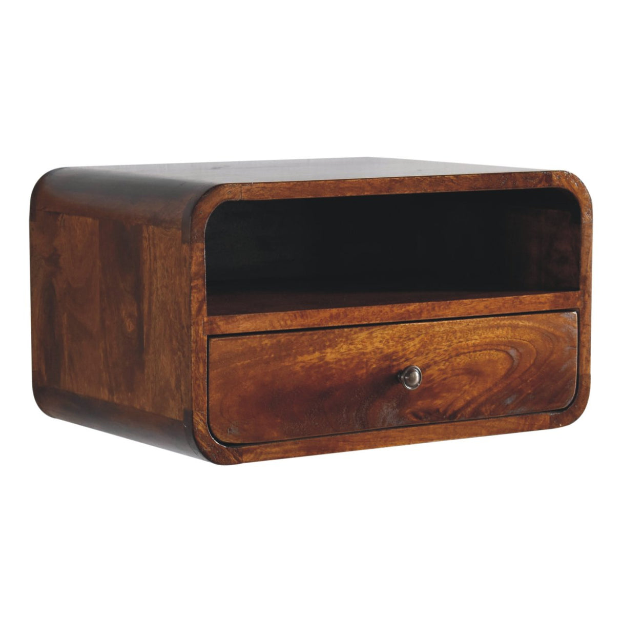 Large Floating Bedside, Curve Open Upper Slot, 1 Drawer, Chestnut