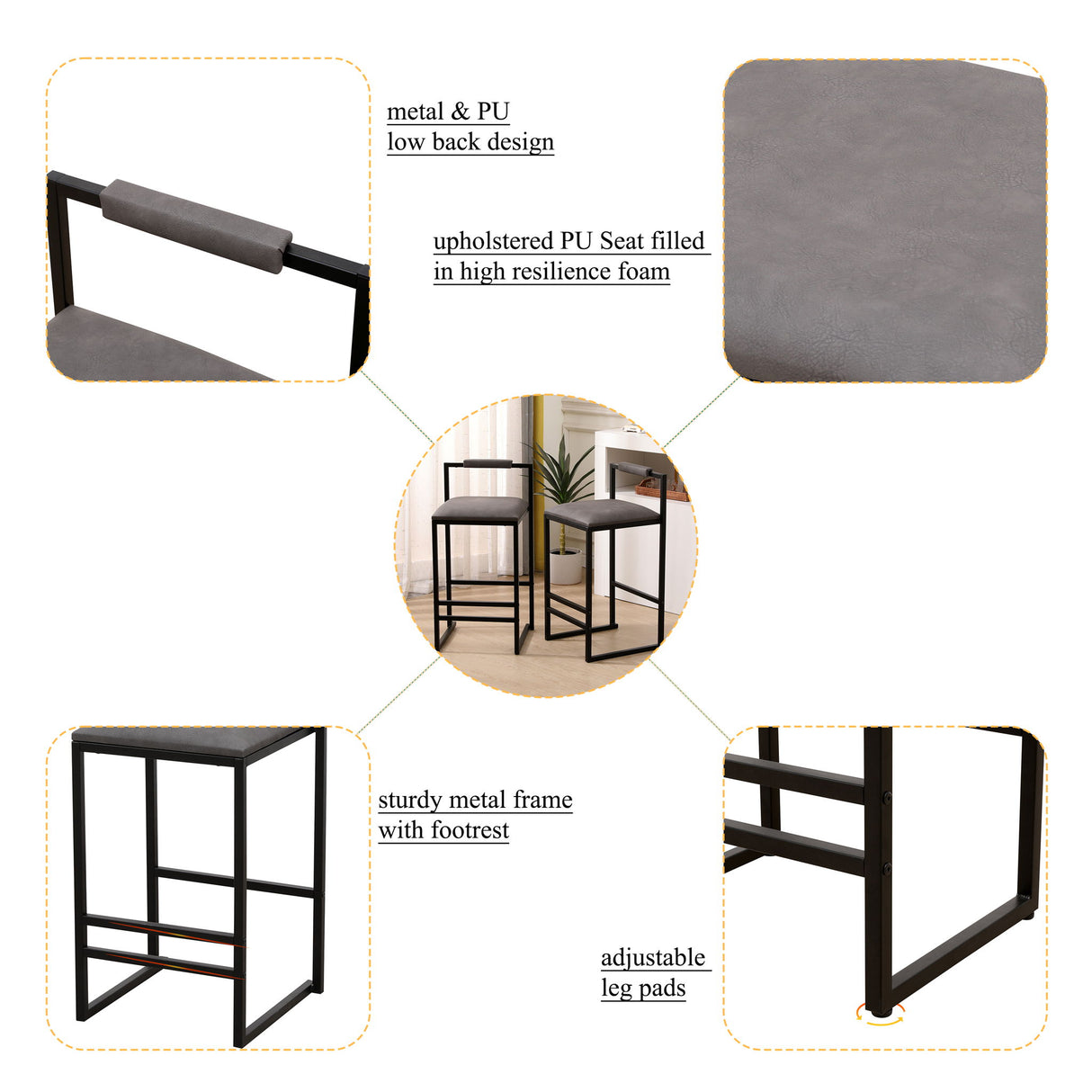 Elegant Bar Stool Set With Backrest And Footrest, Counter Height (Set of 2)