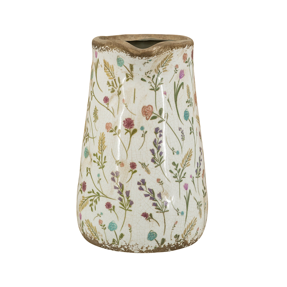 8.1x5.7x9.1" Round Ceramic Pitcher Vase with Multi-Colored Floral Motifs