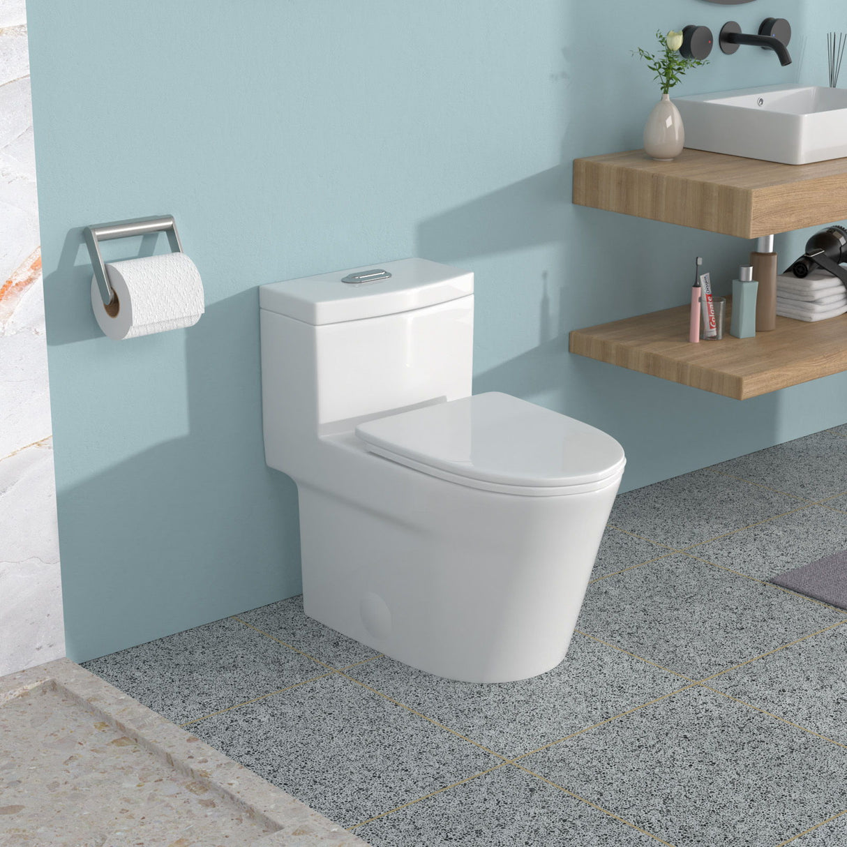 1 Piece Toilet For Bathroom, Dual Flush 1.24 / 1.43 Gpf, Soft Closing Seat - White