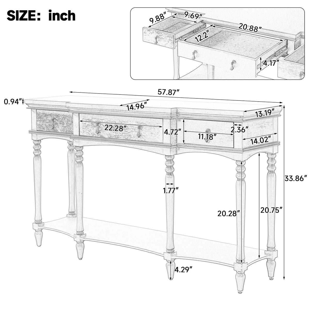 Traditional Retro Console Table with 3 Soft-Close Drawers & Bottom Shelf