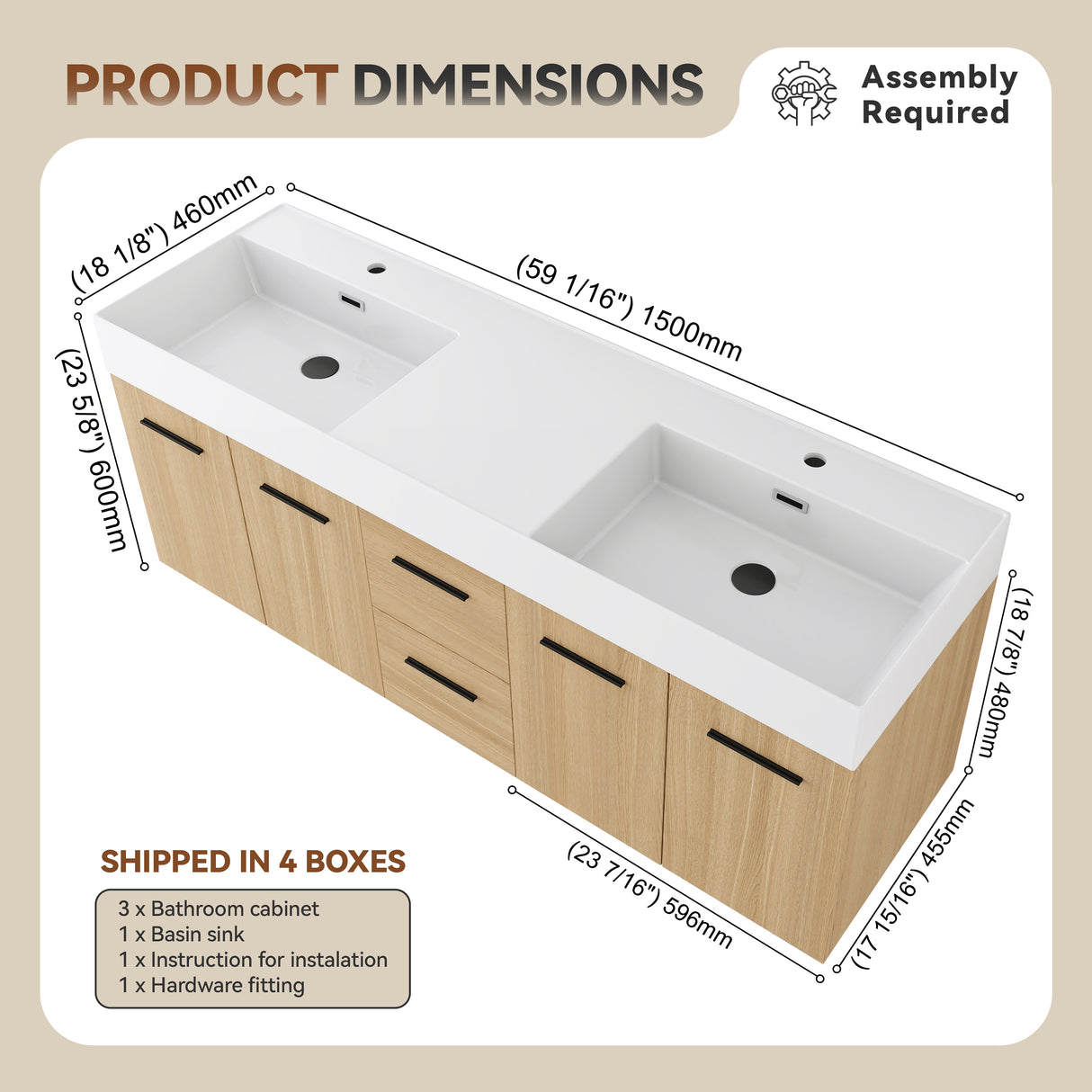 60" Floating Double Sink Bathroom Vanity with Drawers and Doors