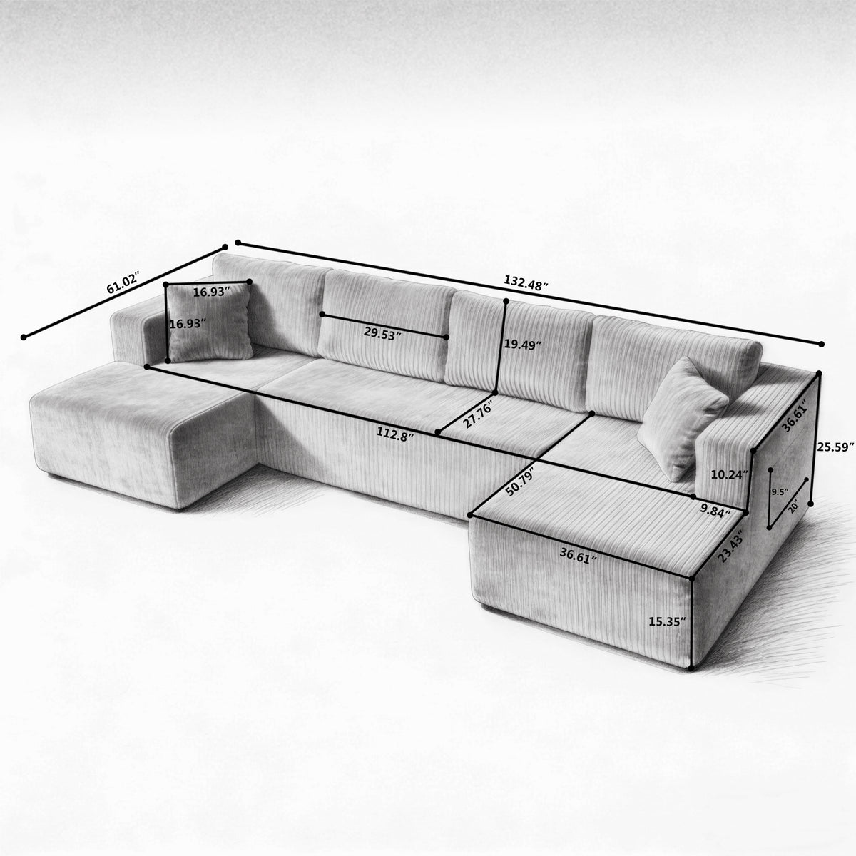 132" U Shaped Modular Sectional Sofa