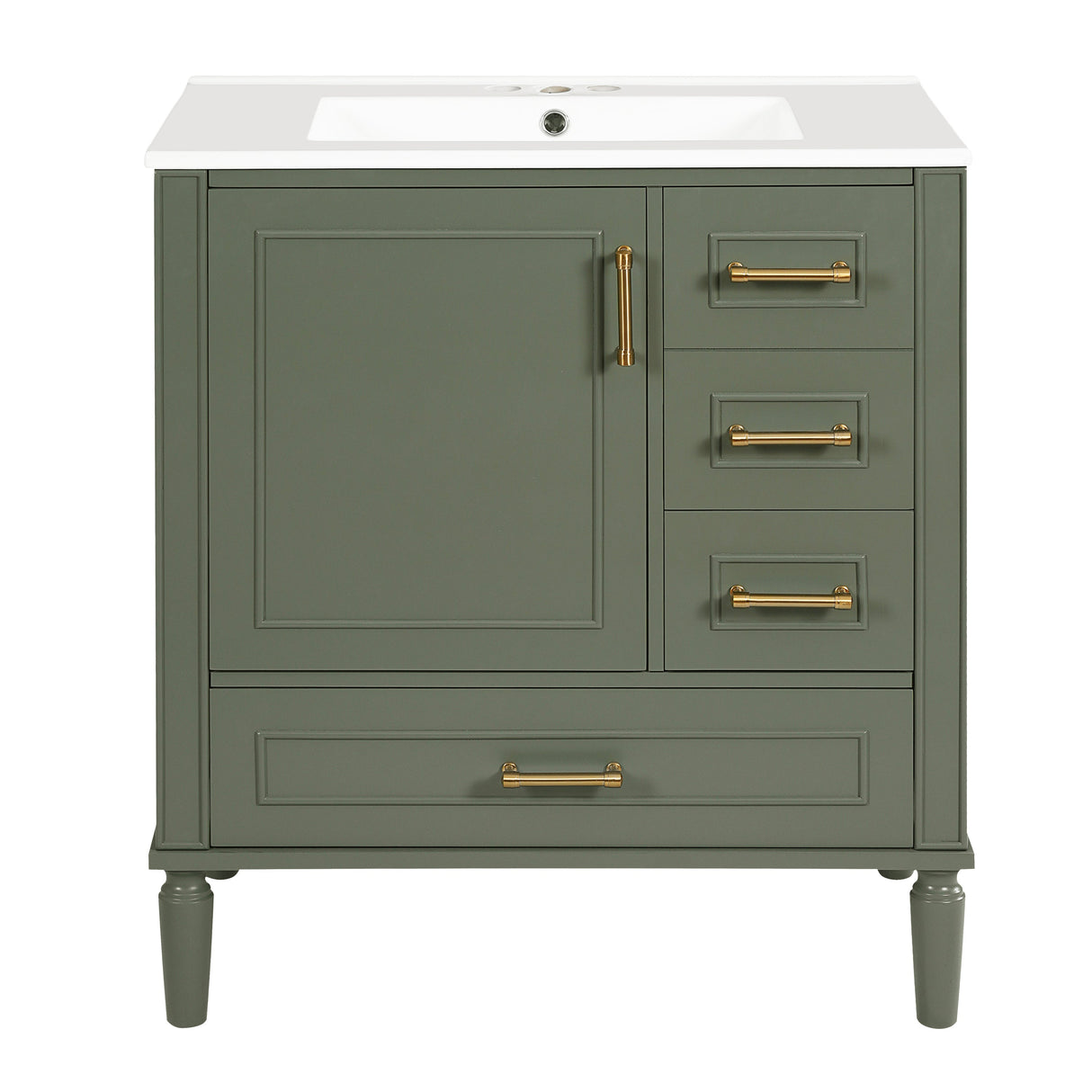 Elegant Olive Green 30' Bathroom Vanity with Ceramic Sink and Ample Storage, Solid Wood and MDF Construction