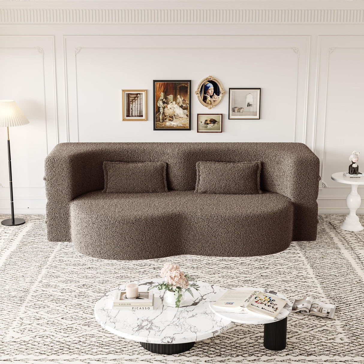 Modern Floor Sofa With 2 Pillows Convertible Teddy Fabric Foam Filled Bed