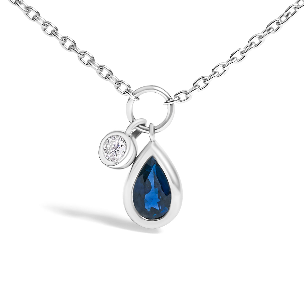 10K White Gold 6x4 mm Pear Blue Sapphire and Diamond Accent Charm Pendant Necklace - 18" Inches