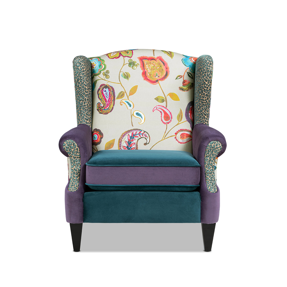 Anya Boho Chic Wingback Accent Chair, Floral & Leopard Print, Teal Multi