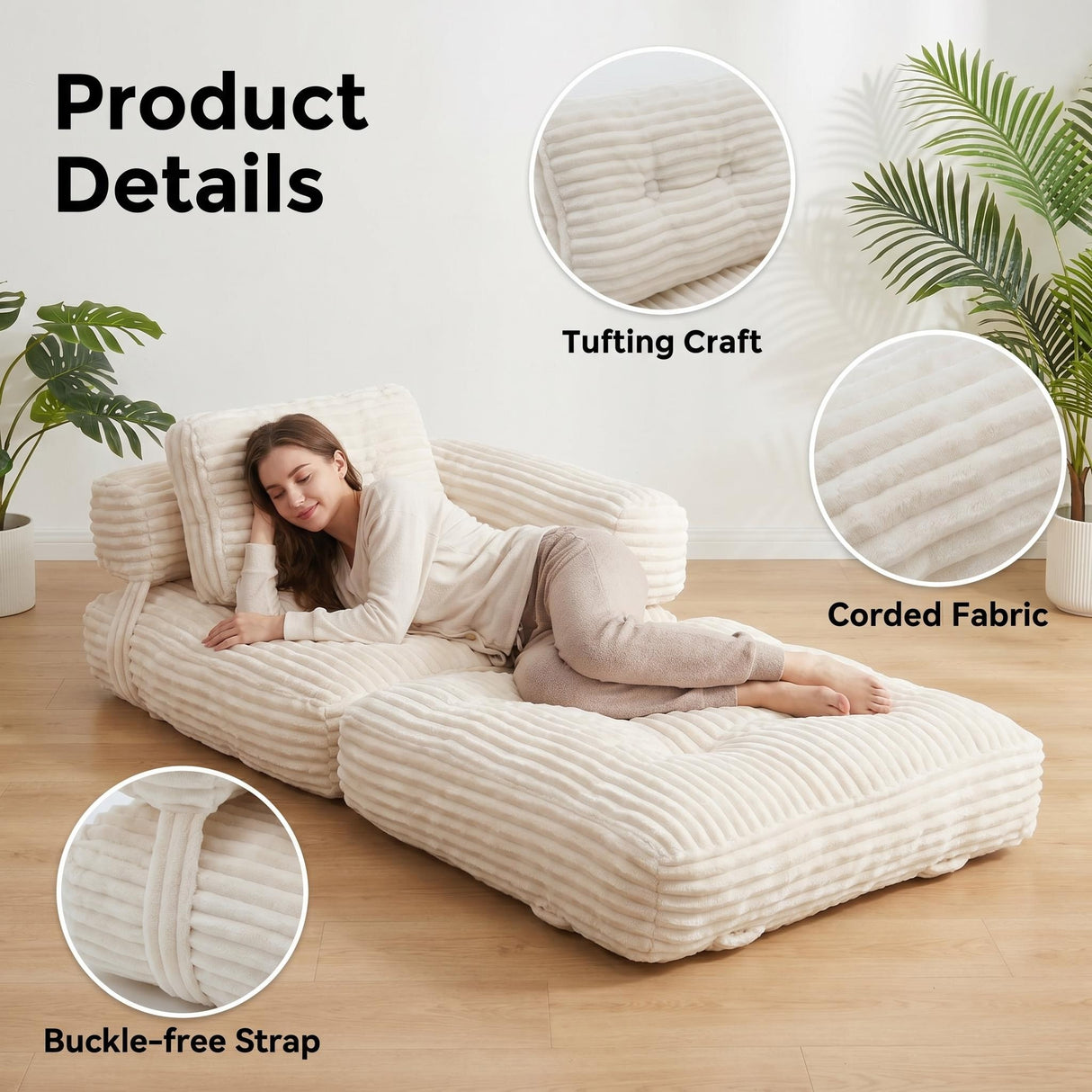 Boneless Foldable Floor Sofa Bed with Armrest & Pillows