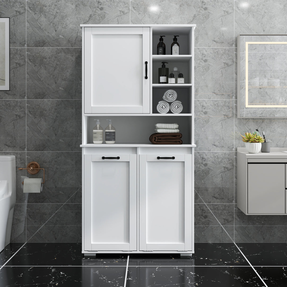 Laundry Cabinet with Doors and Shelf, Tilt-Out Laundry Hamper, Multiple Storage Space