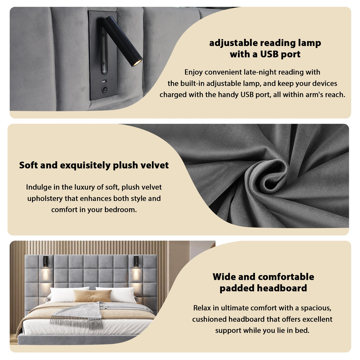King Size Upholstered Bed Frame with Wall Sconce and USB Port