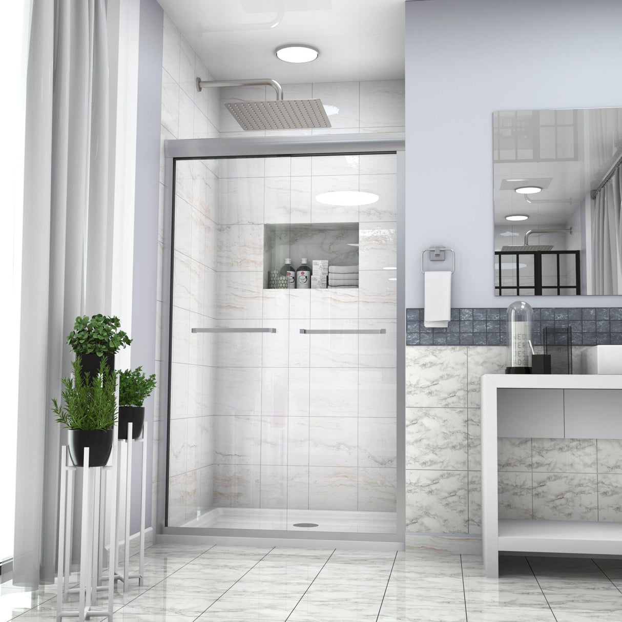 Modern Double Sliding Shower Enclosure, Tempered Glass