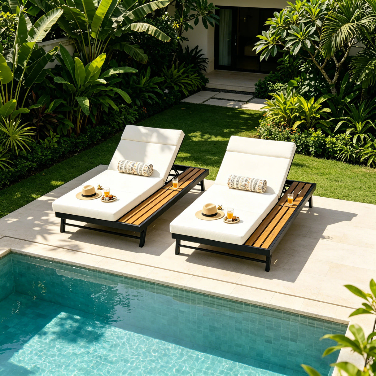Black Iron and Teak Finish Outdoor Chaise Lounge Set