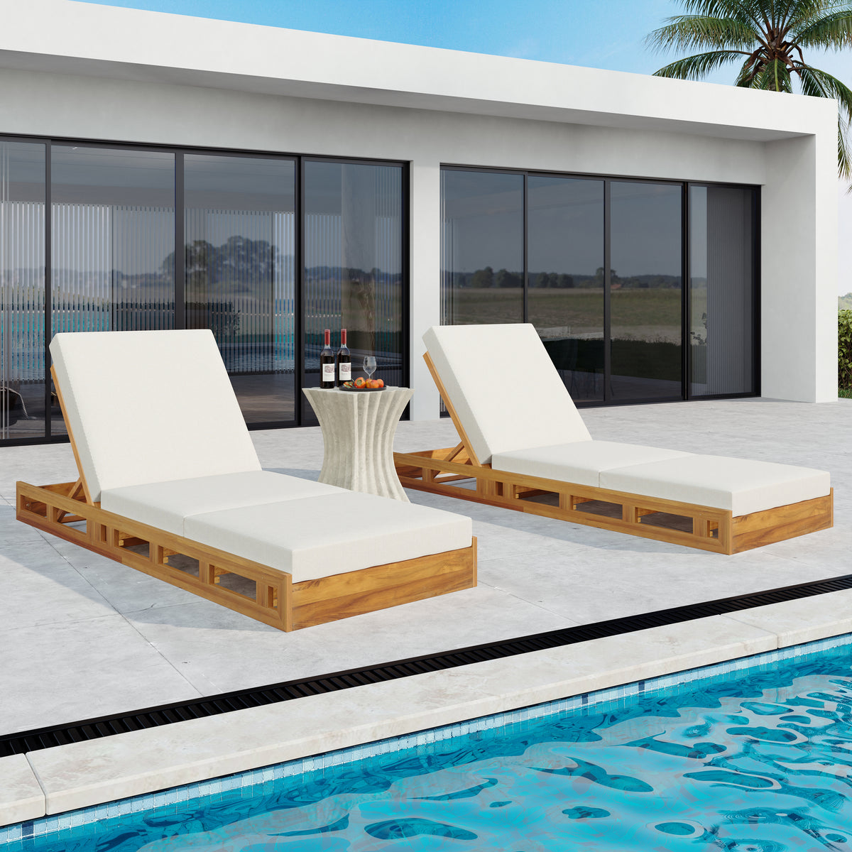 Lounge Chaise Set, Acacia Solid Wood with Lounge Cushion (Cream & Triple Fold) - Matching Dark