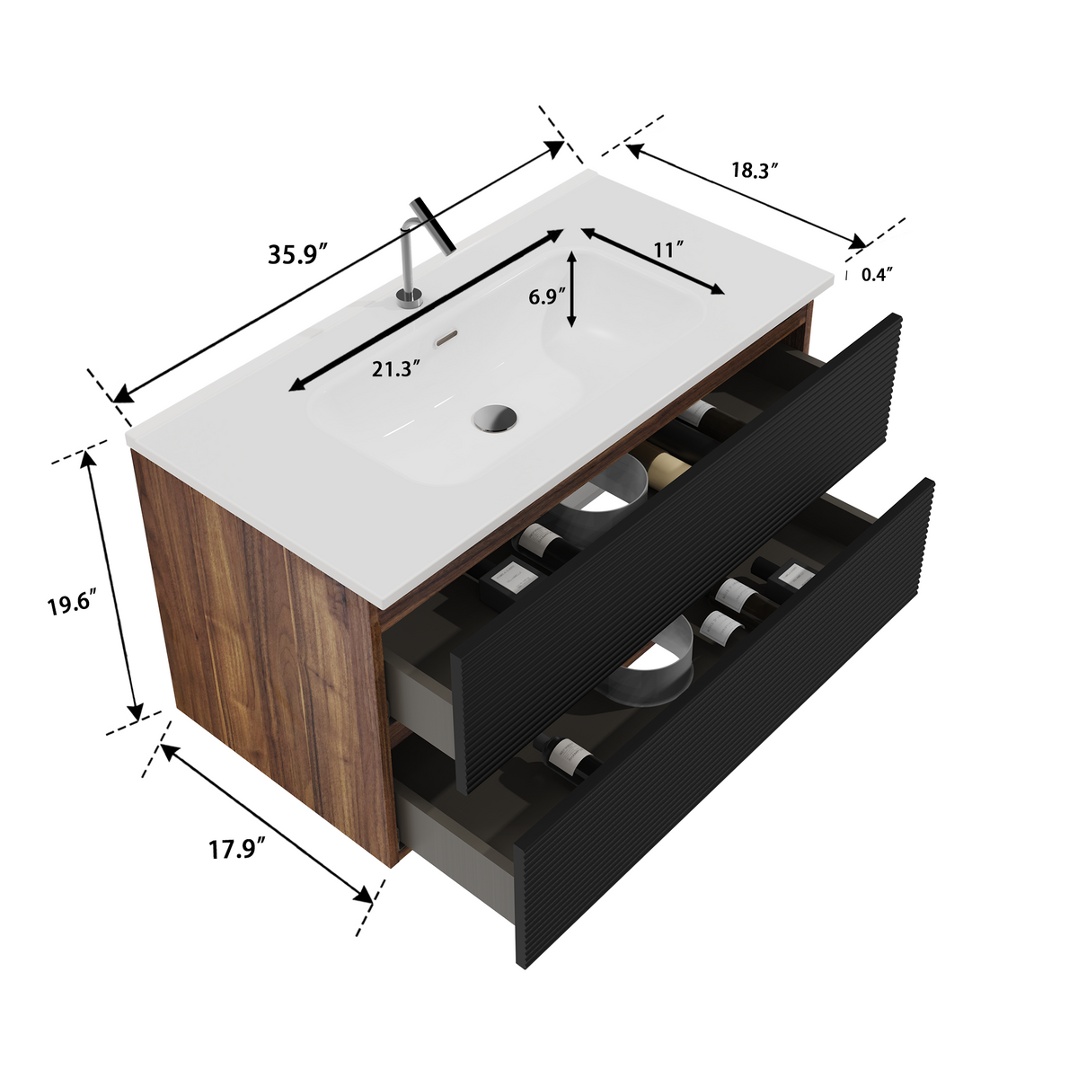 Gloria 36-Inch Wall-Mounted Bathroom Vanity, Black and Walnut