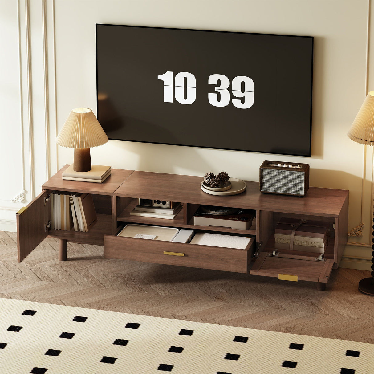 TV Stand for 75" TVs with Soft-Closing Doors and Drop-Down Cabinet