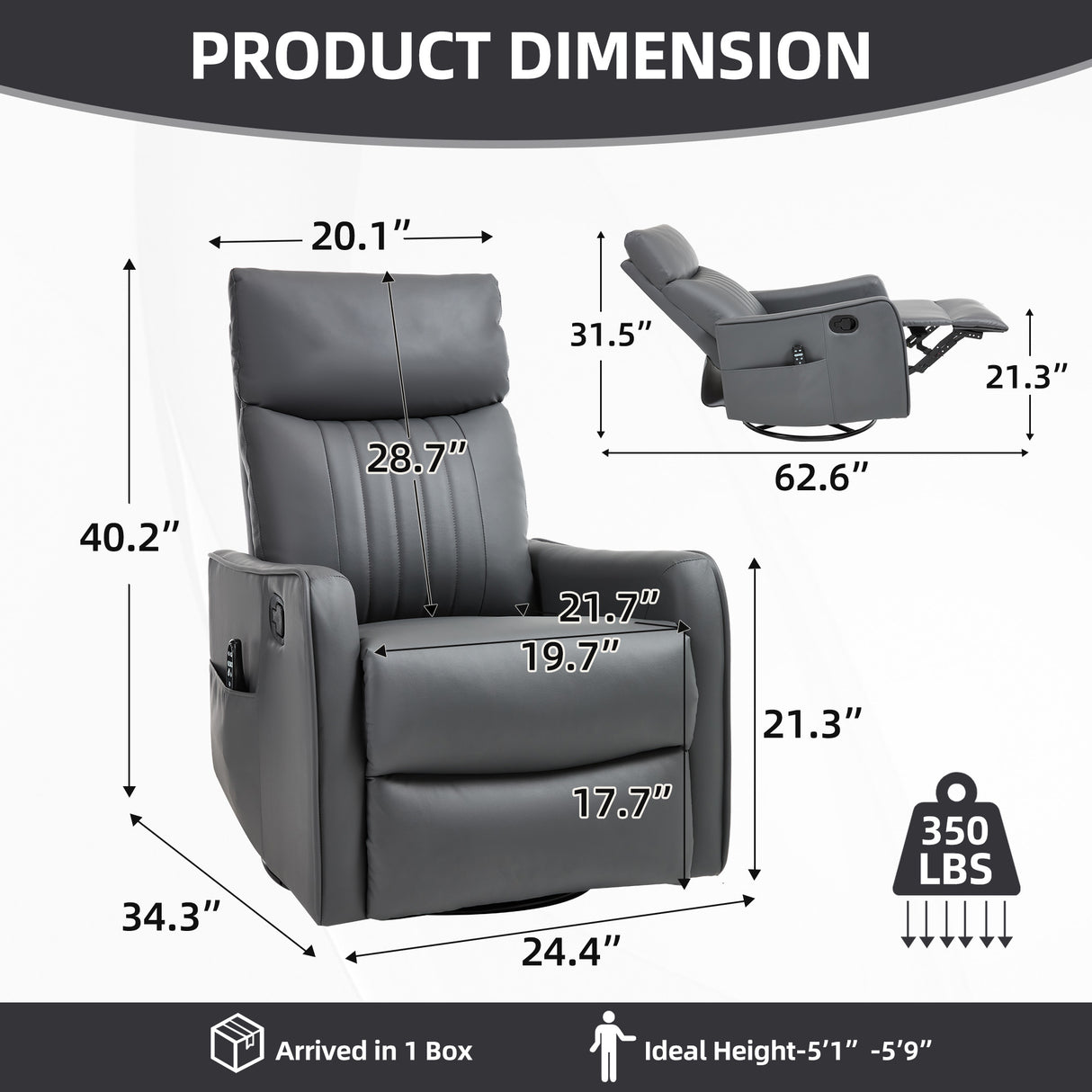 Grey Faux Leather Heat Massage Manual Recliner Chair with Rocker and Swivel