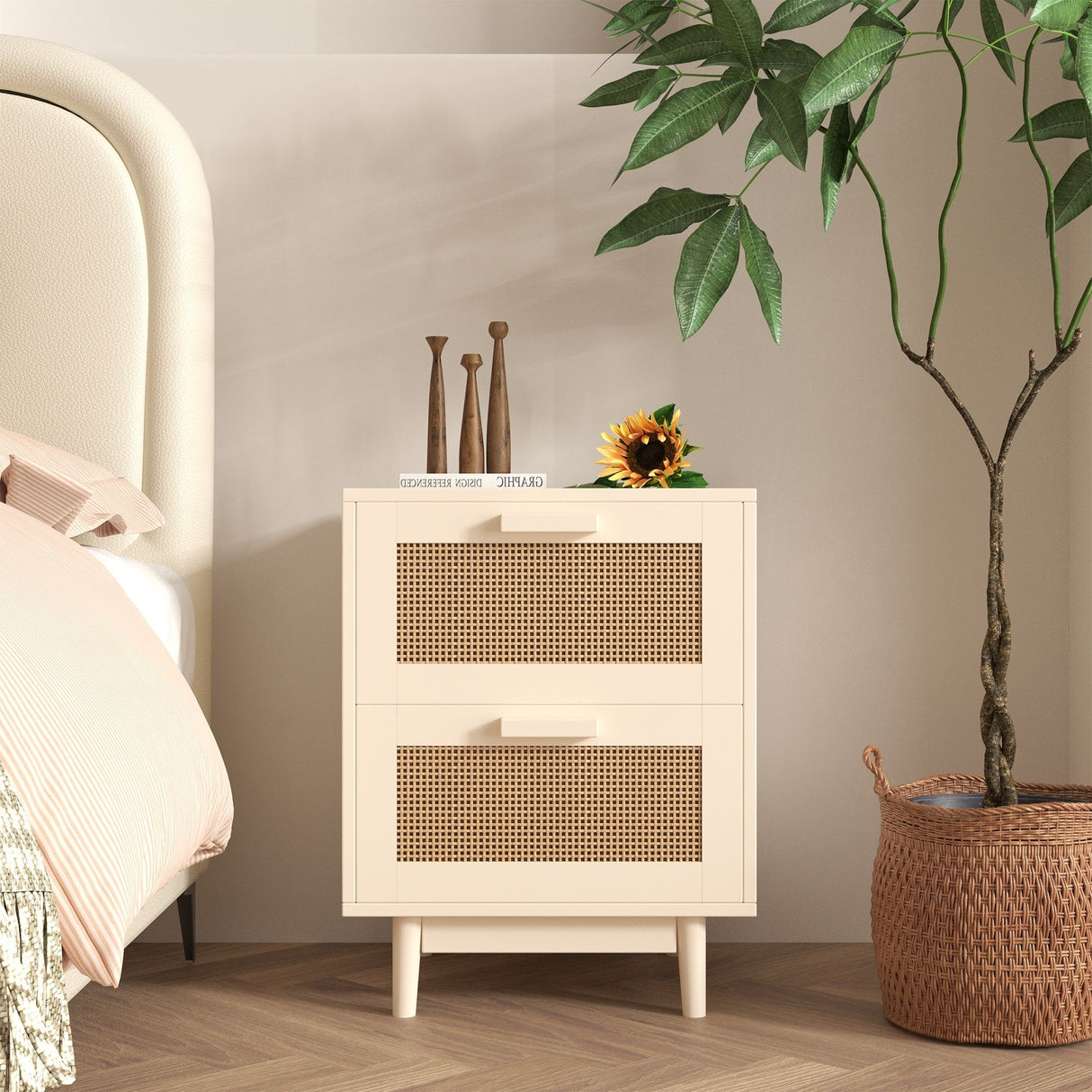 Nightstand With 2 Drawers, Storage Side Table For Bedroom - Antique Natural / Rattan