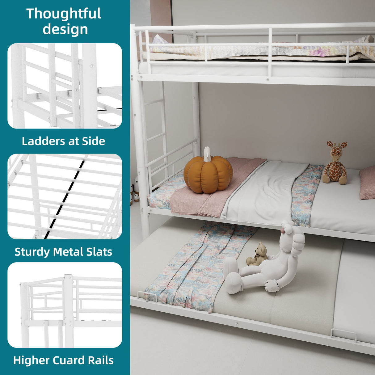 Bunk Bed For Kids, Convertible Frame With Ladders & Guardrail