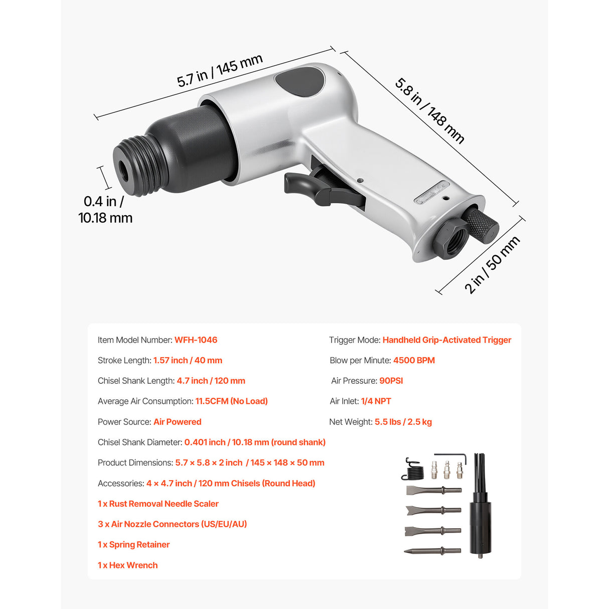 Air Hammer 4500BPM Pneumatic Hammer with Air Needle Scaler & 4 Chisels