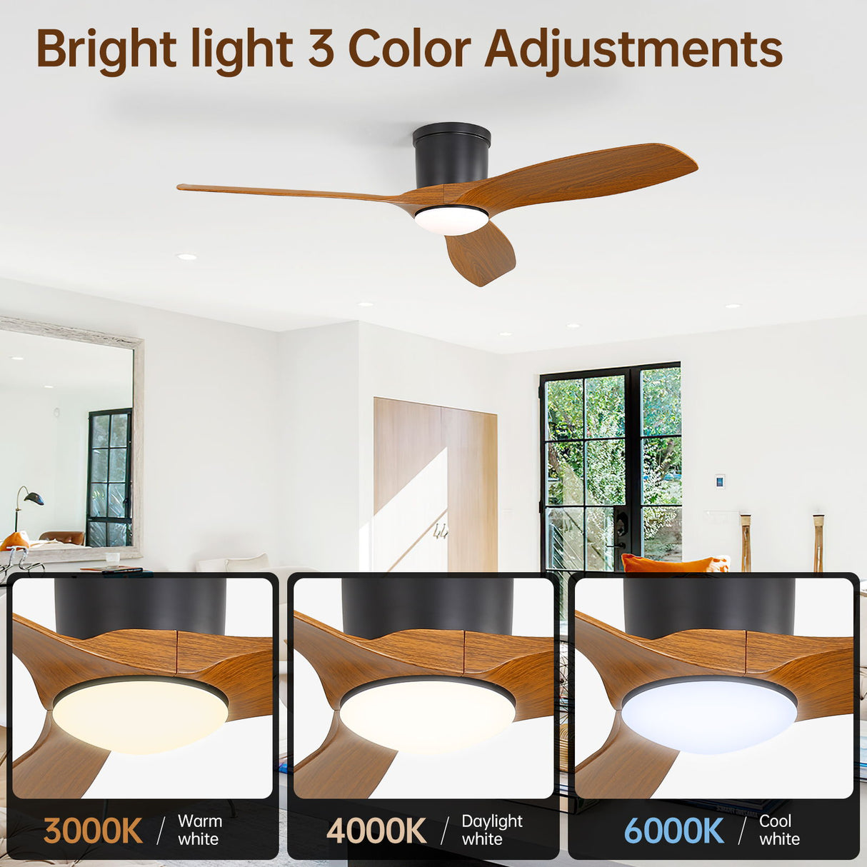 Smart Ceiling Fan With Remote Control, 3 Blades, Dimmable LED Light, Reversible DC Motor - Black
