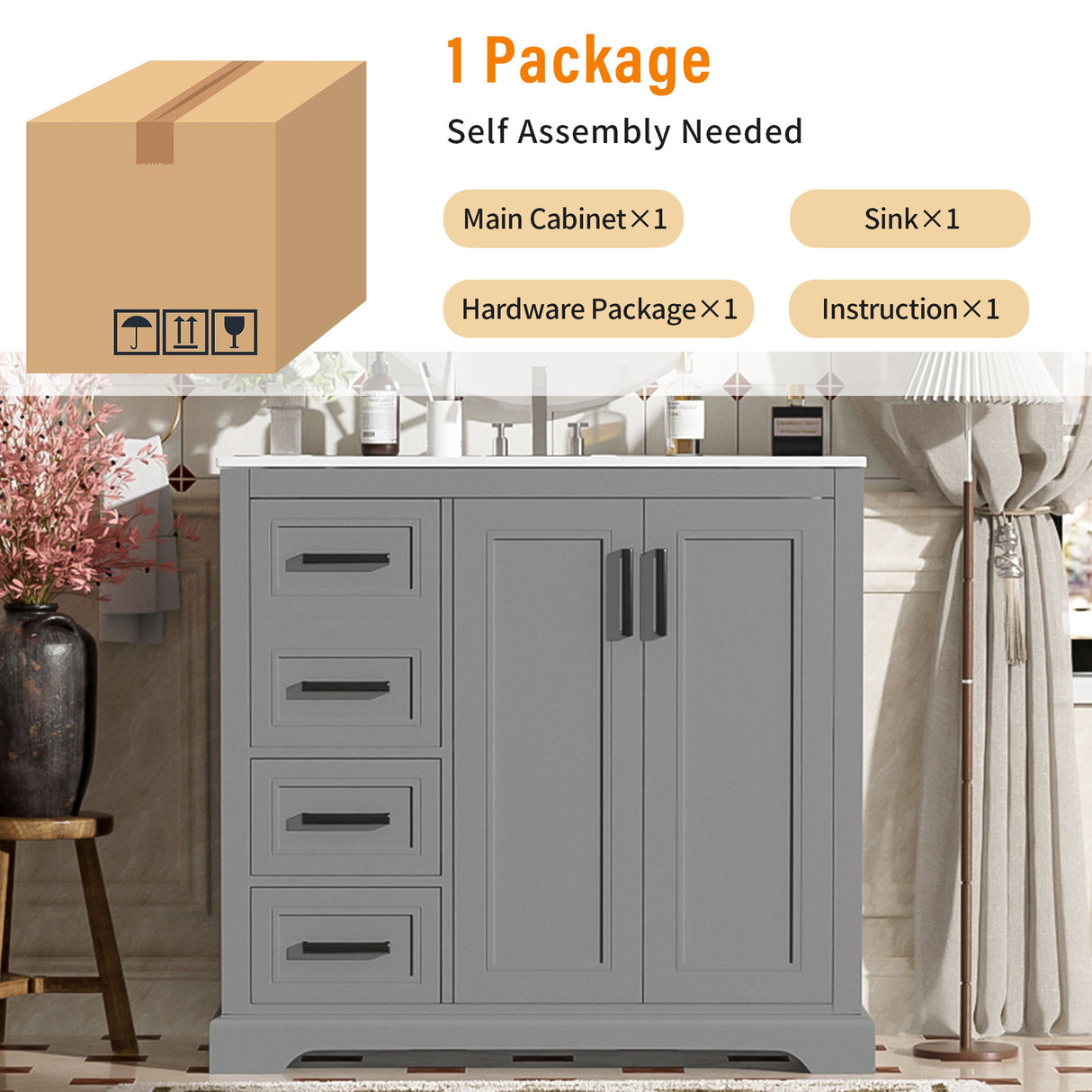 Bathroom Vanity With Sink, Soft Close Doors, Adjustable Shelf & 3 Drawers