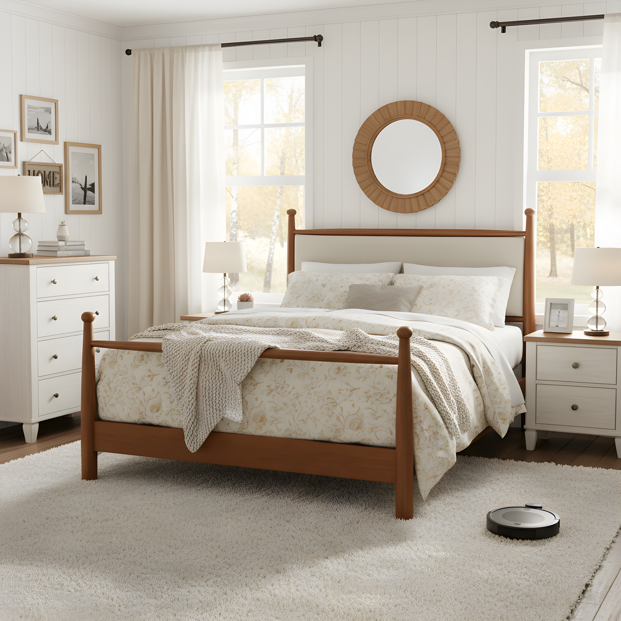 Solid Poplar & Plywood Bed Frame with Upholstered Headboard, Queen