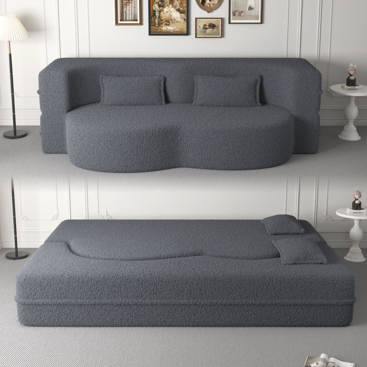 Modern Floor Sofa With 2 Pillows Convertible Teddy Fabric Foam Filled Bed