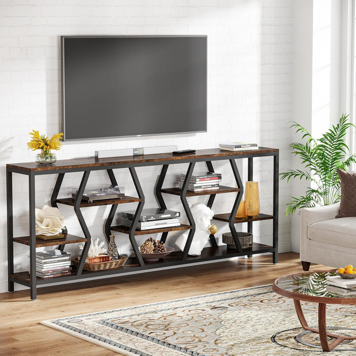 Tribesigns - Extra Long Narrow Sofa Console Table With 4 Tier Storage Shelves - Rustic Brown