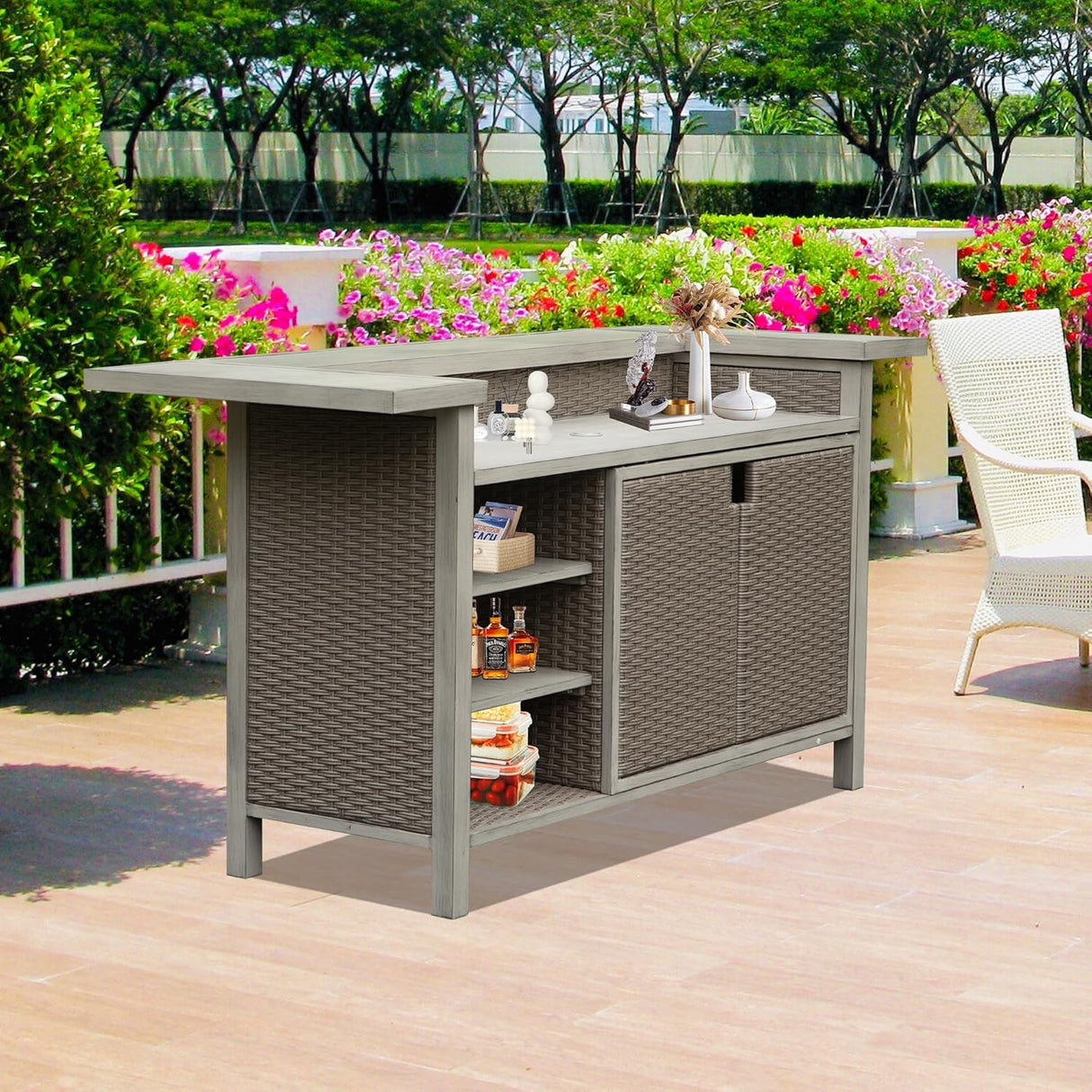 Patio Bar Table, Outdoor Aluminum PE Wicker with Cabinet