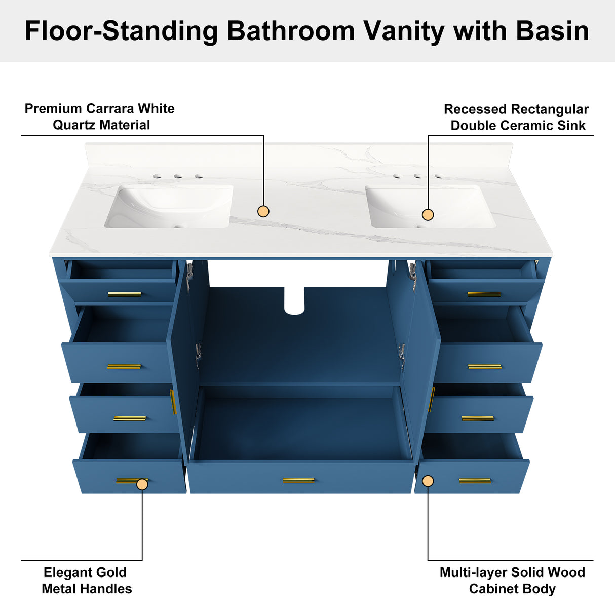 60" Solid Wood Bathroom Vanity with Double Sinks