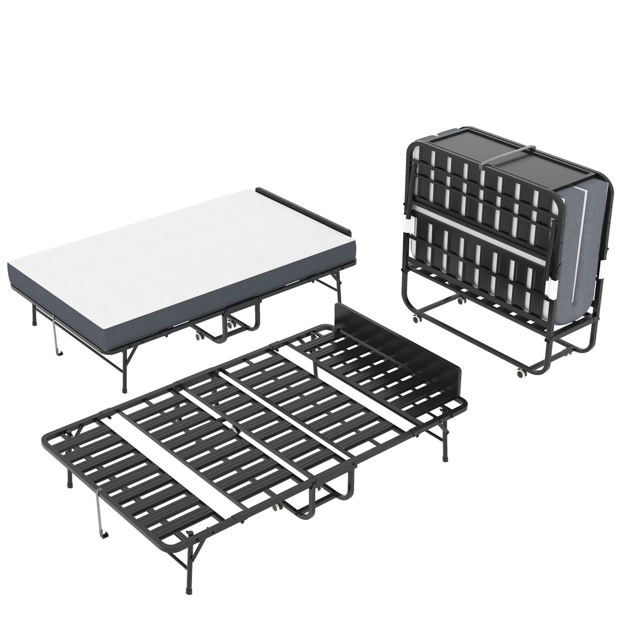 Twin Wide Folding Bed With Adjustable Headboard, Extra Long Rollaway For Tall People, Memory Foam Mattress - Black
