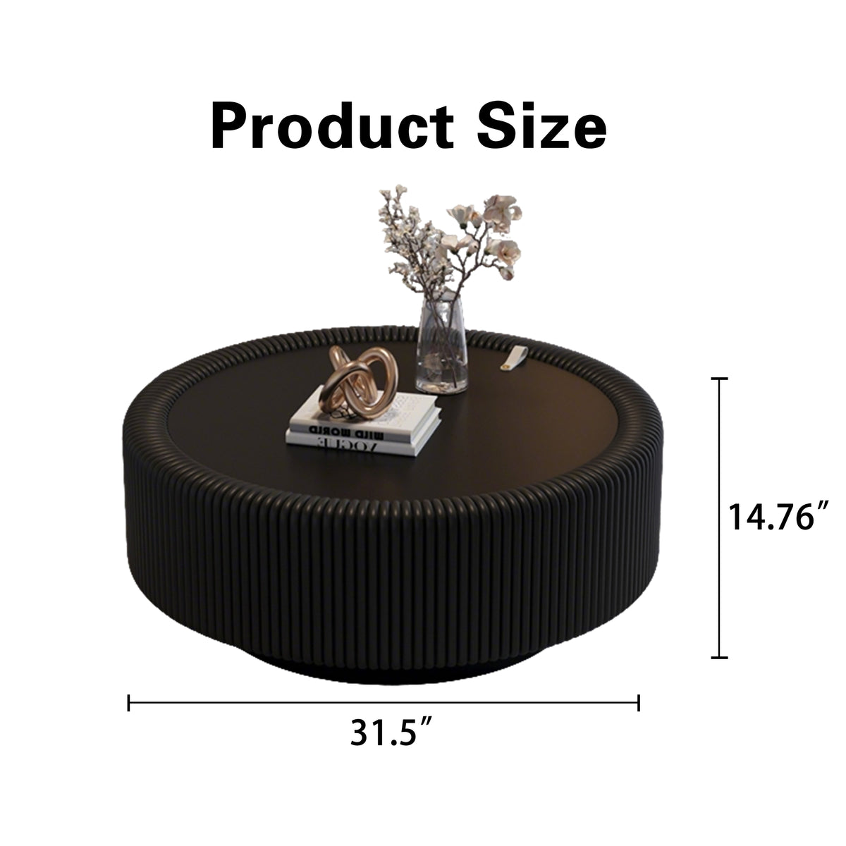 Black Round Fluted Coffee Table with Tempered Glass Top