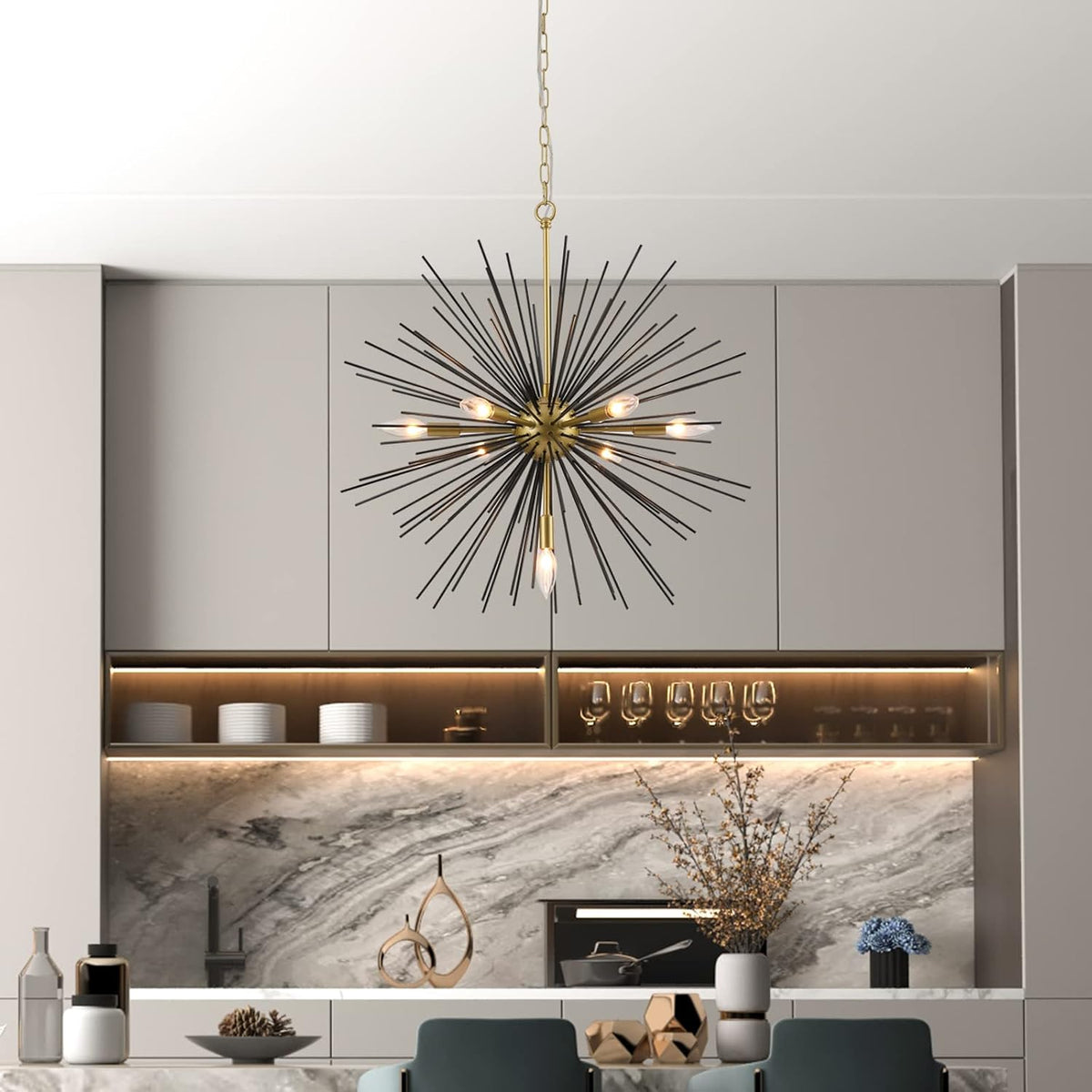 Sputnik Chandelier, 7-Light Satellite Pendant, 25.6 Inch, Gold and Black
