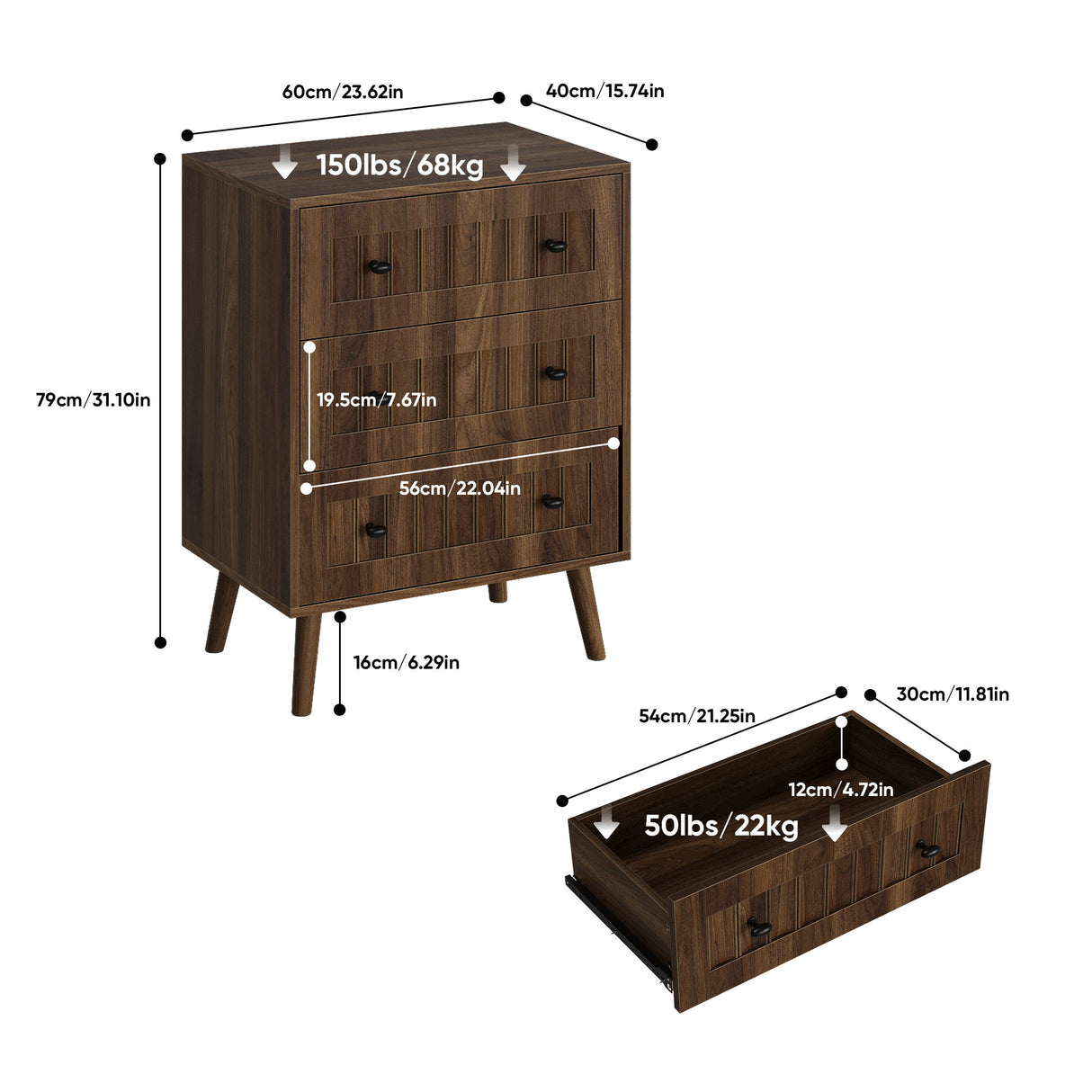 3 Drawer Dresser, Storage Cabinet With Vertical Grooves For Bedroom - Walnut