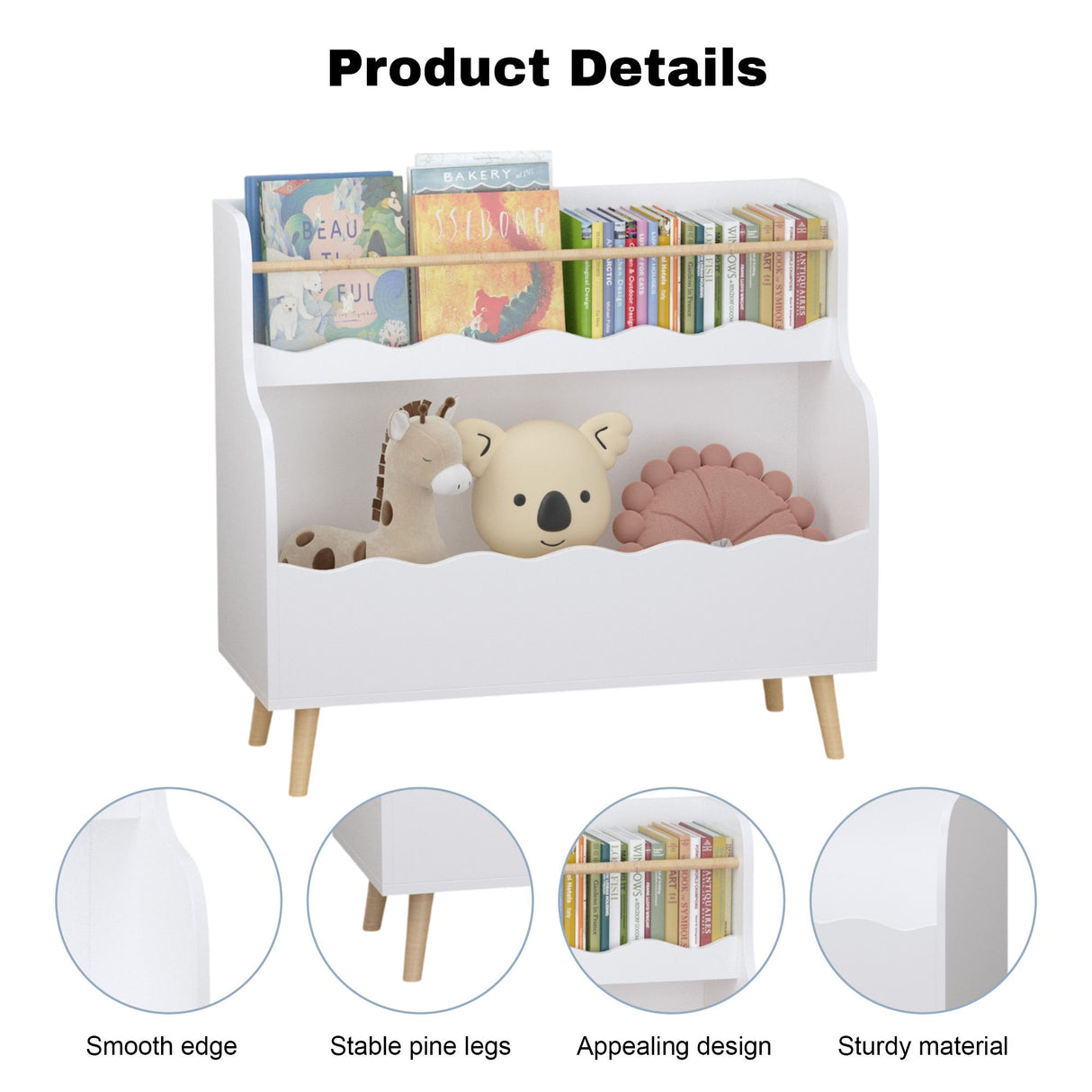 Kids Bookcase, Children Book Organizer Toy Storage Cabinet - White
