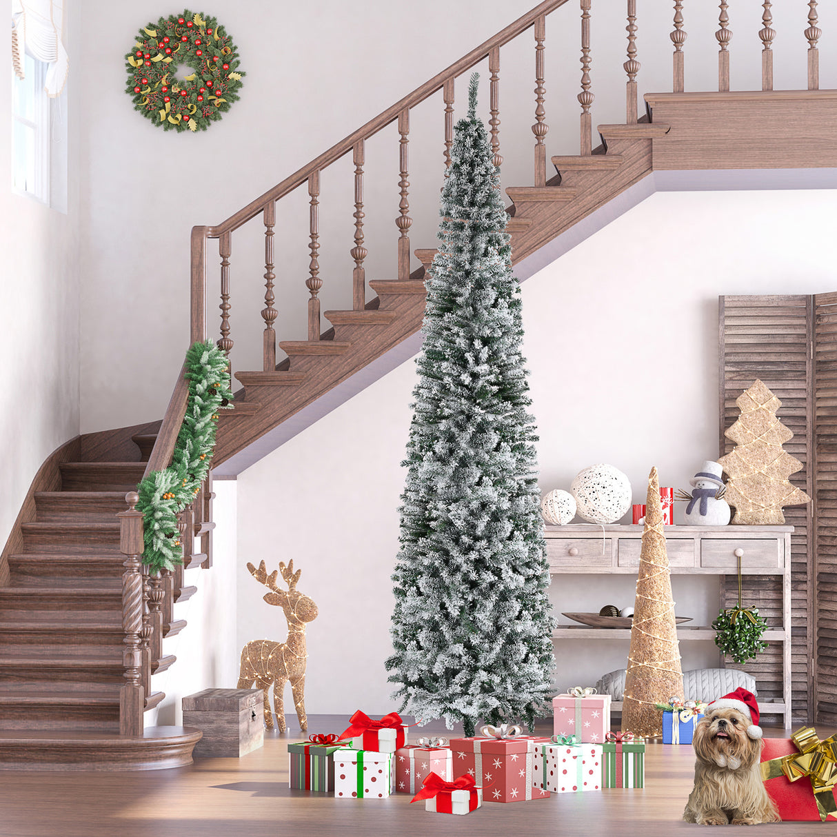 HOMCOM 9' Tall Unlit Snow-Flocked Slim Artificial Christmas Tree