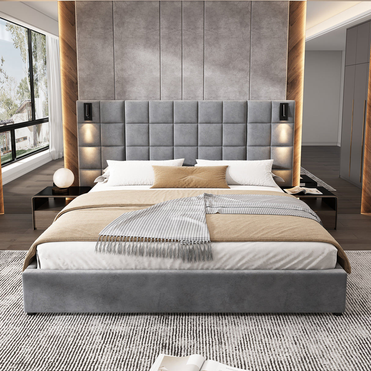King Size Upholstered Bed Frame with Wall Sconce and USB Port