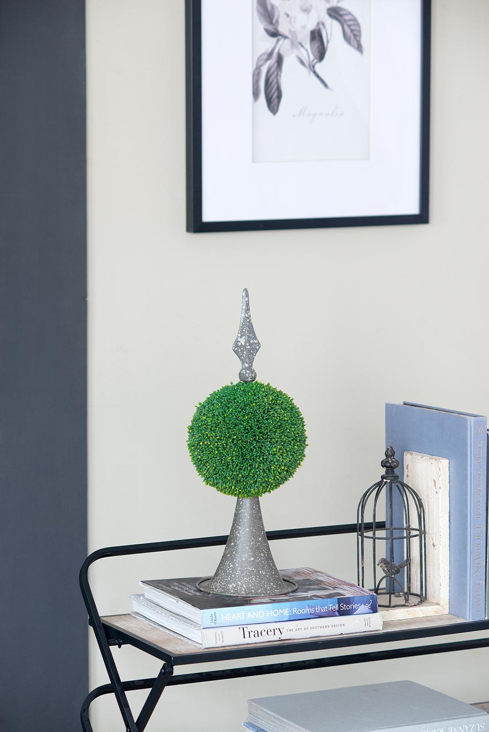 7x7x17" Faux Boxwood Topiary Sphere on Metal Spire